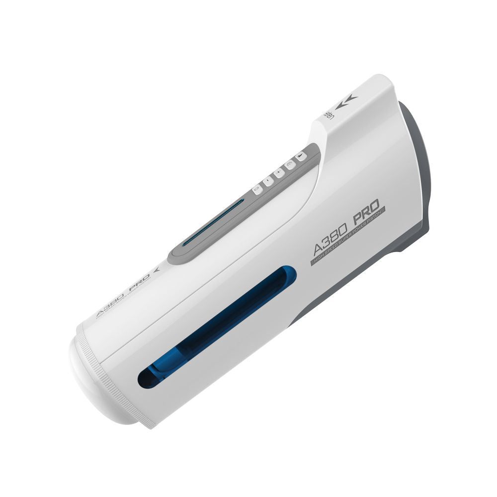 Dispositivo bianco con elementi grigi. Pannello comandi. Liquido blu visibile. Testo: A380 PRO. Vista obliqua.