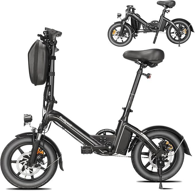 E-bike nera piegata. Visibili: sella, ruote, faro, portapacchi. Bodywel.
