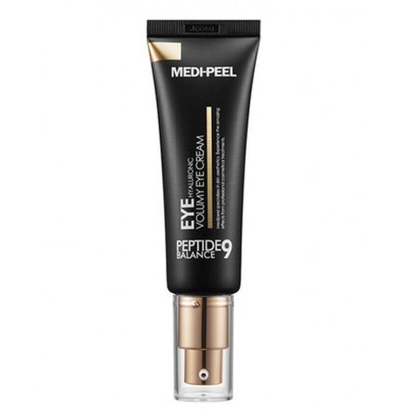 Tubo nero con tappo dorato e scritta: MEDI-PEEL PEPTIDE 9 HYALURONIC VOLUMY EYE CREAM.