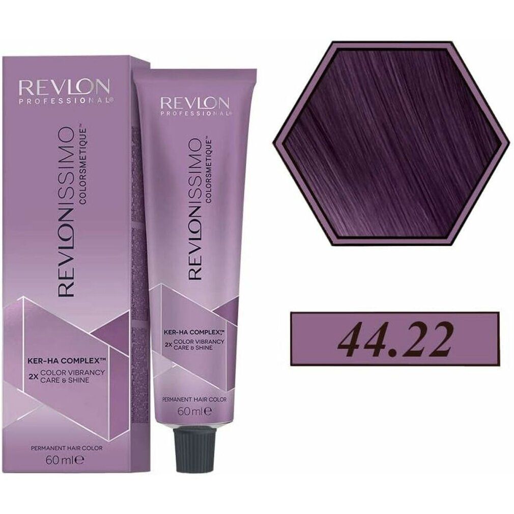 Tubo e confezione di tinta per capelli Revlonissimo Colorsmetique. Tonalità 44.22. Campione colore esagonale.