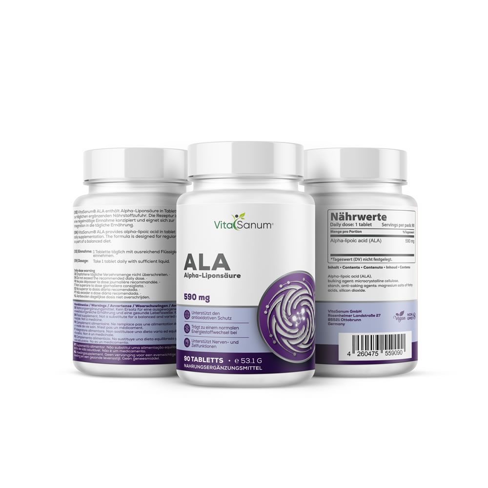 Tre flaconi bianchi VitaSanum®-ALA. Scritta: ALA Alpha-Liponsäure, 590 mg. Design viola. 90 compresse. Integratore alimentare.