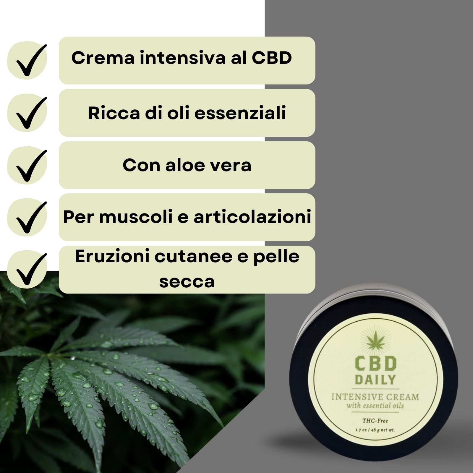 Barattolo di crema, accanto al testo. Testo: Crema, oli essenziali, aloe vera.