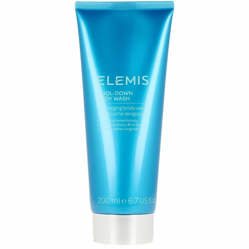 Tubo blu-argento con scritta Elemis Cool-Down Body Wash. Capacità: 200 ml / 6.7 US fl oz.