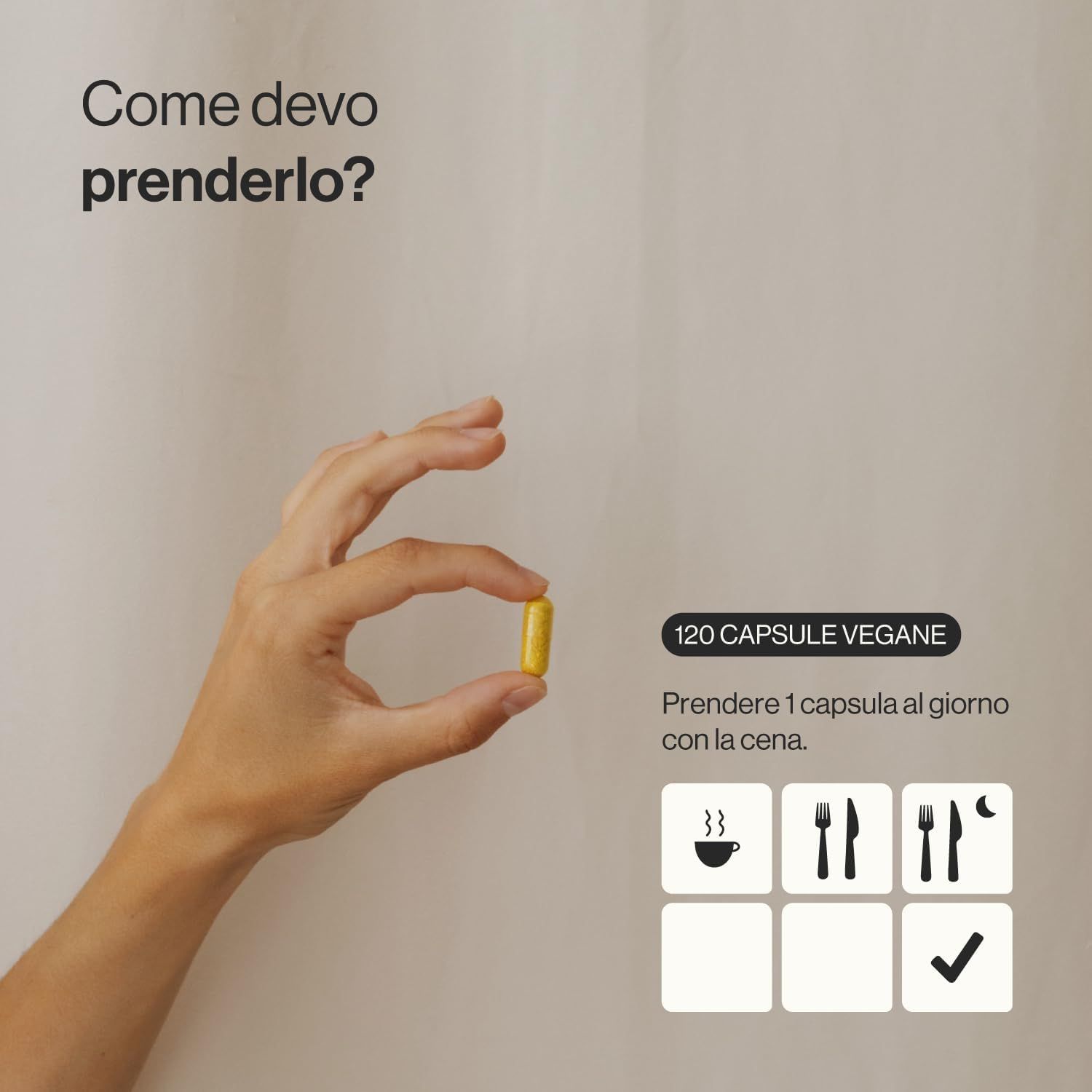 Mano che tiene una capsula gialla. Testo: 120 capsule. Istruzioni per l'assunzione con simboli.