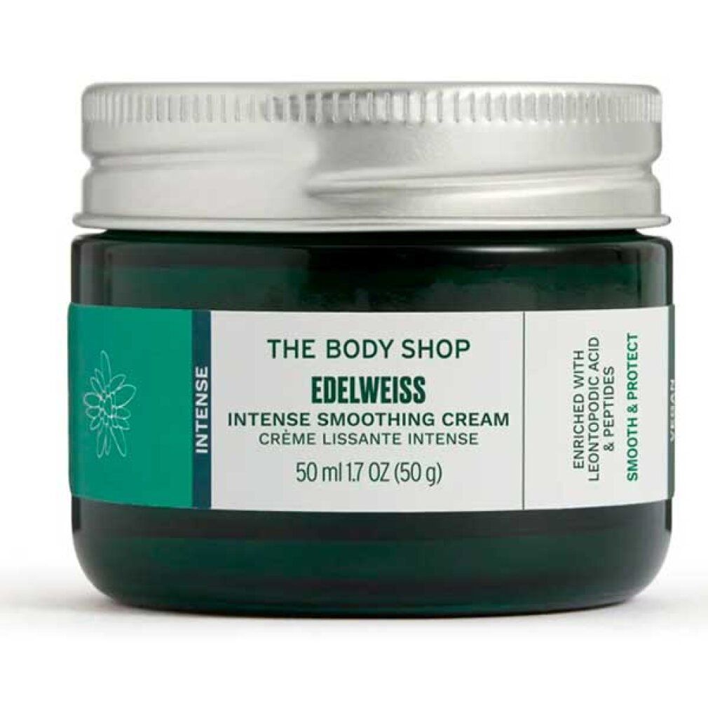 Vasetto di vetro verde con coperchio argentato. Scritta: The Body Shop, Edelweiss, Intense Smoothing Cream. Contiene Leontopodium Acid & Peptide.