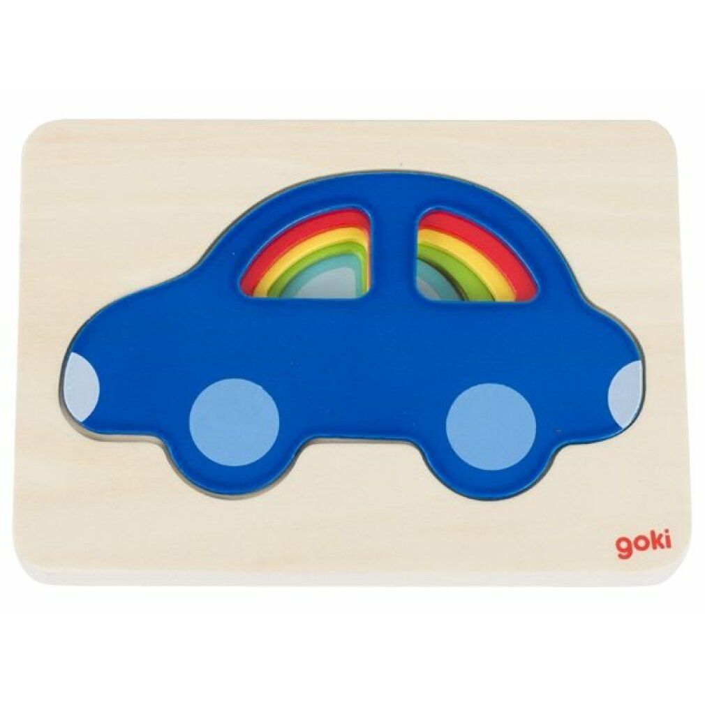 Puzzle in legno Goki con auto blu. Arcobaleno all'interno. Logo Goki in basso a destra.