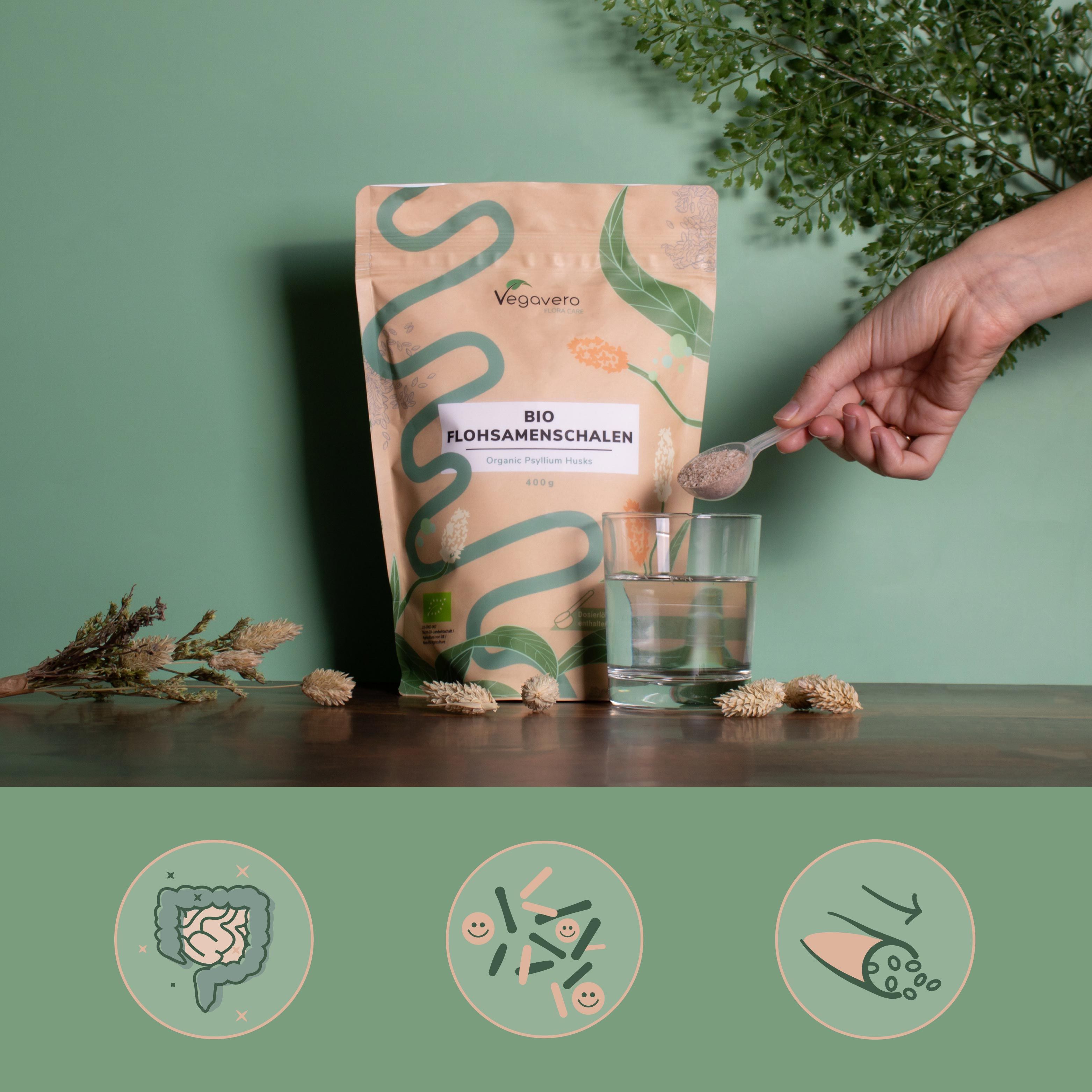 Persona versa polvere da una busta in un bicchiere d'acqua. Busta di BIO Flohsamenschalen. Marchio Vegavaro. Sfondo verde.