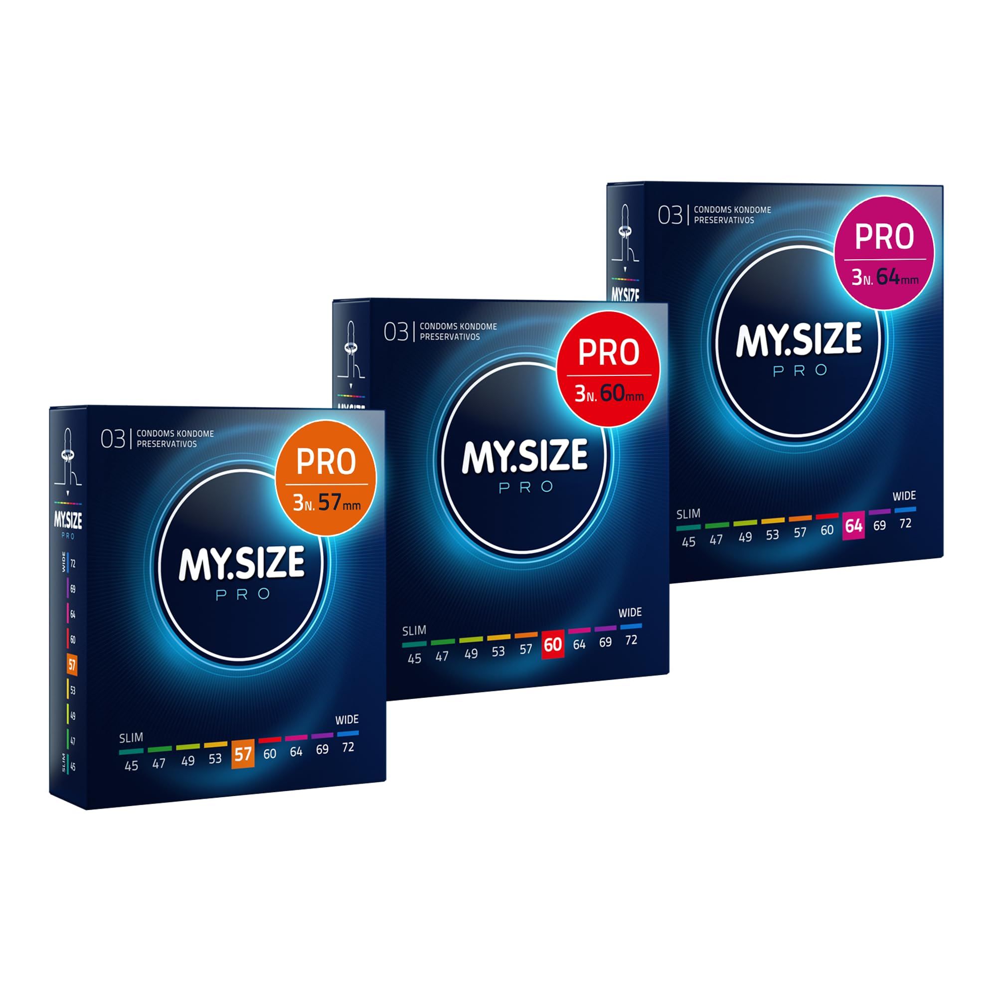 Tre scatole di preservativi My.Size PRO, misure 57mm, 60mm e 64mm.