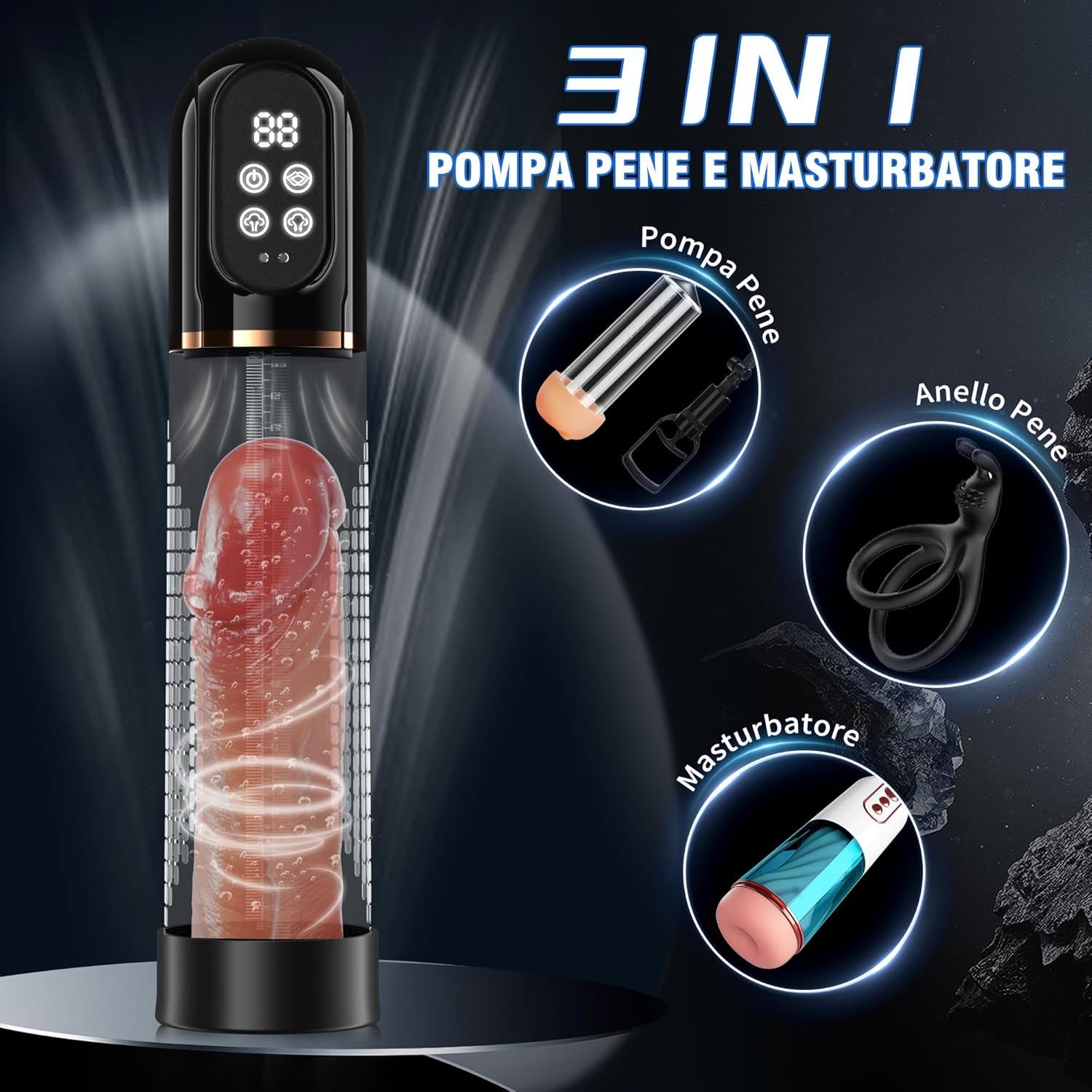 Pompa con display digitale. Include pompa a vuoto, anelli per il pene e masturbatore. Corpo nero.