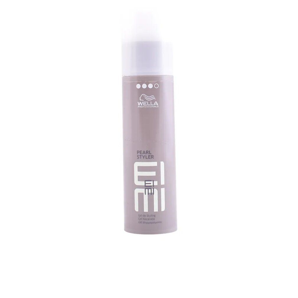 Flacone di gel per lo styling grigio-viola con tappo bianco. Scritta: Wella Eimi Pearl Styler. Quattro punti in alto.