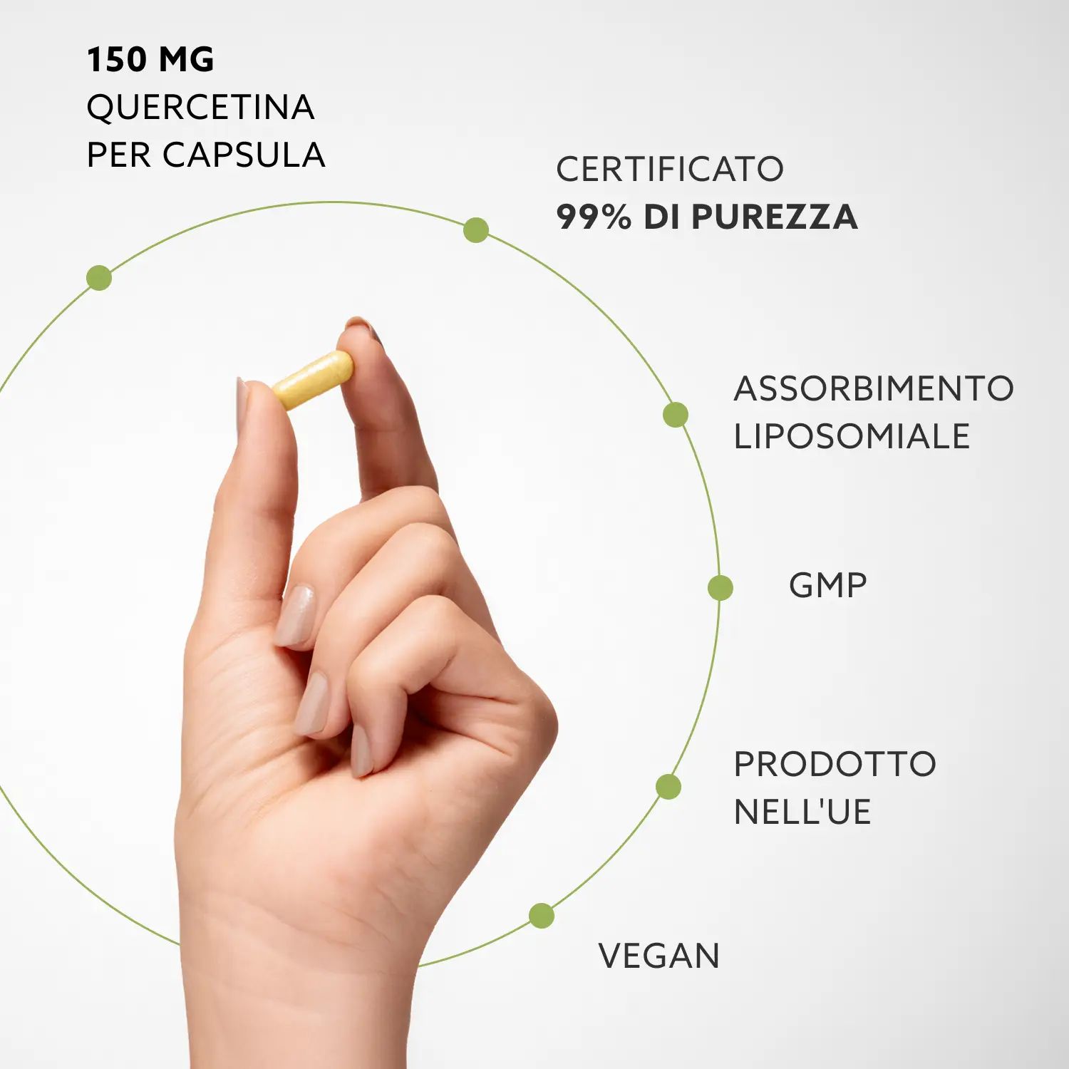 Mano che tiene una capsula. Testo: 150 mg di quercetina per capsula, 99% purezza, assorbimento liposomiale, vegano, prodotto in UE.