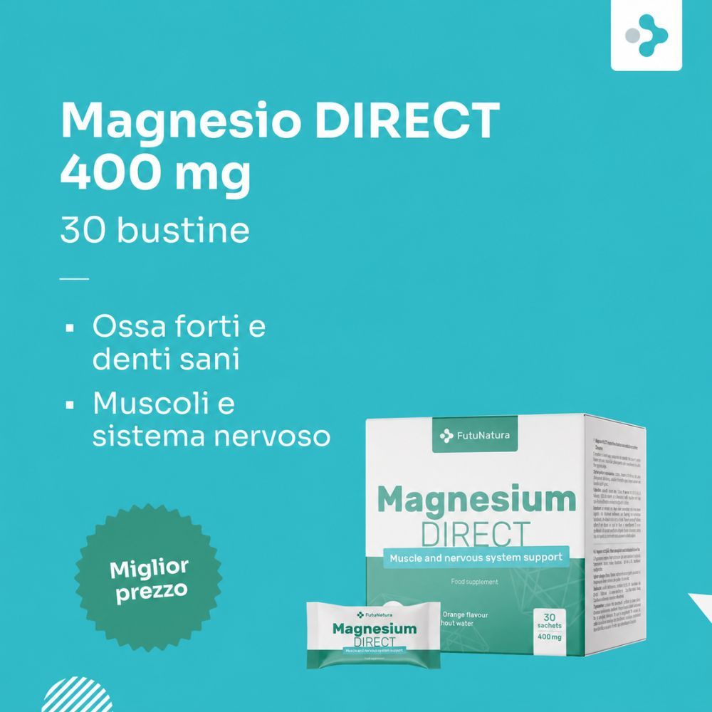 FutuNatura Magnesium DIRECT 400 mg: tre scatole su sfondo blu.