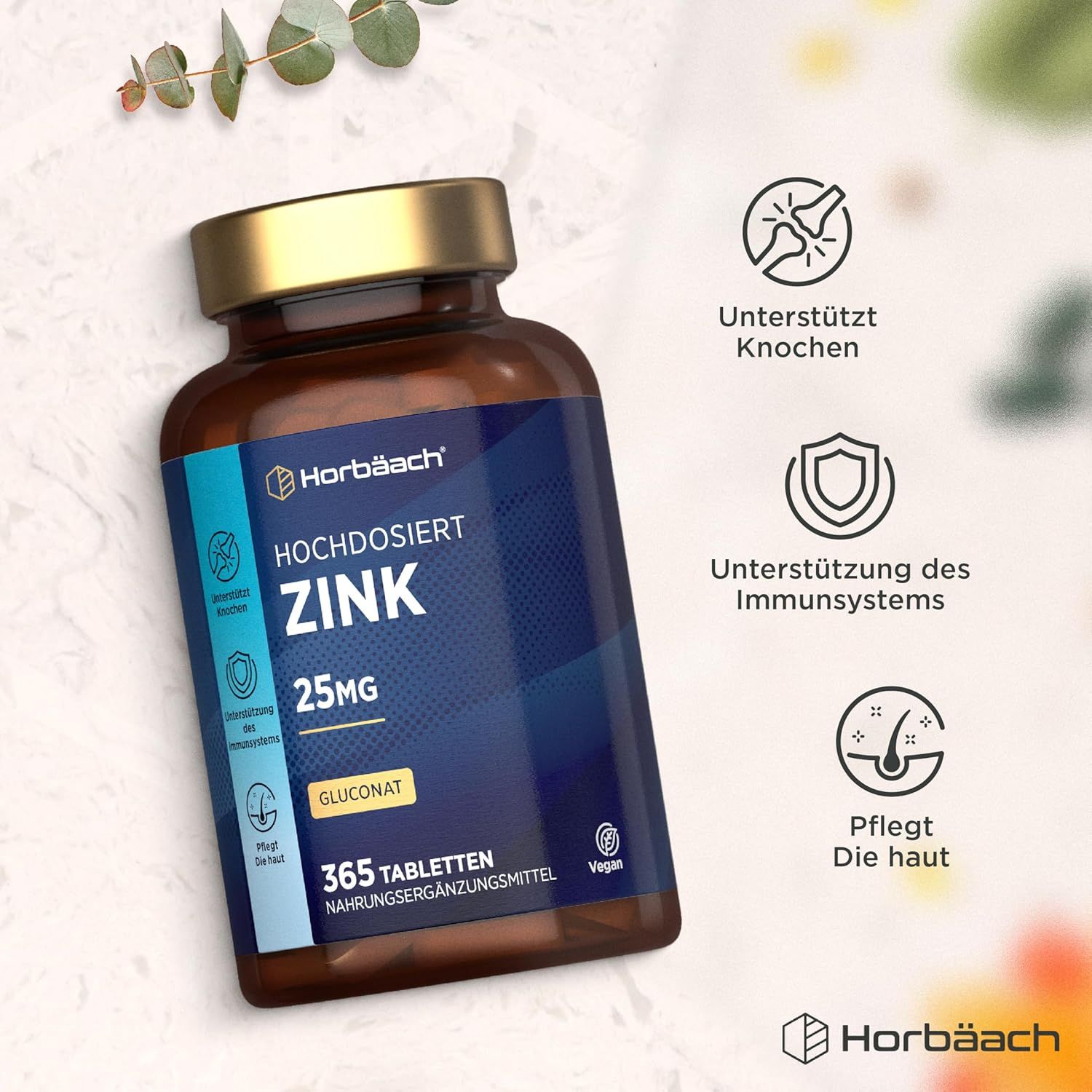Flacone di compresse di zinco Horbaach ad alta dose. 25mg zinco. Per ossa, sistema immunitario, pelle. 365 compresse. Gluconato di zinco.