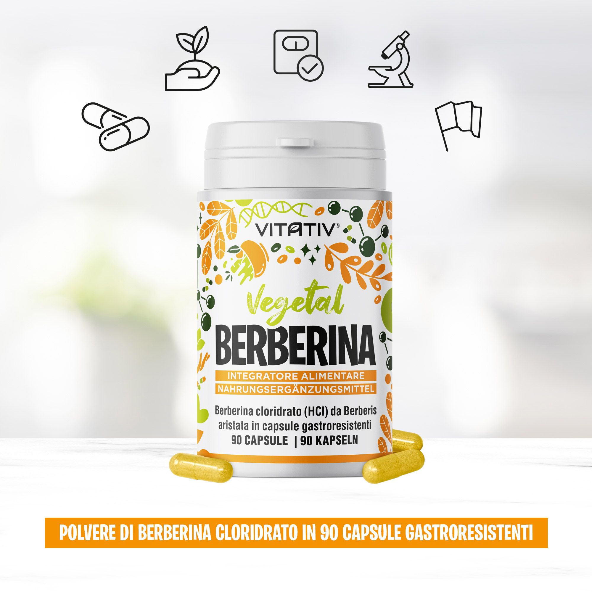 VITATIV® Berberina da Berberis Aristata HCl Alta Purezza - Capsule Gastroresistenti Vegetali