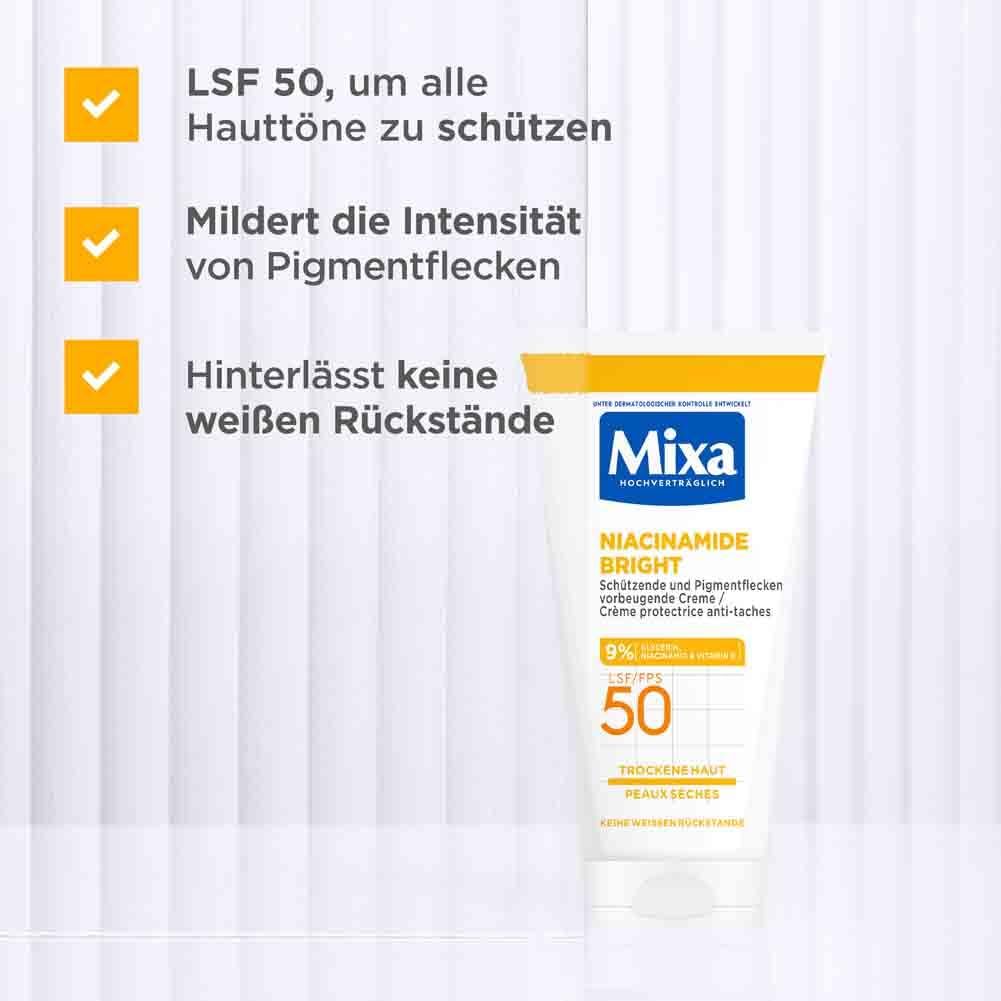 Tubo Mixa Niacinamide Bright crema con tappo giallo. SPF 50. Testo: Protegge, riduce le macchie, nessun residuo bianco.