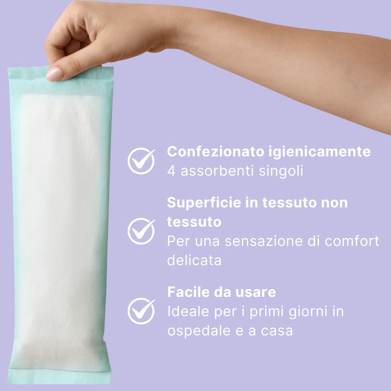 Descrizione italiana del pad rinfrescante MyClarella: Auto-rinfrescante, extra assorbente.