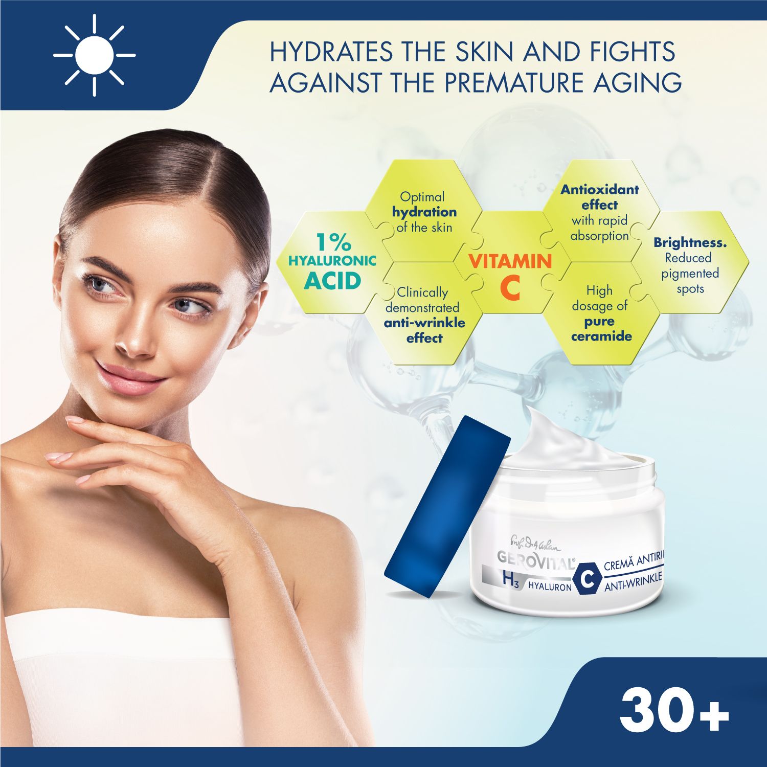 Donna con vasetto di crema. Testo: Idrata la pelle e combatte l'invecchiamento precoce. 1% acido ialuronico, vitamina C.