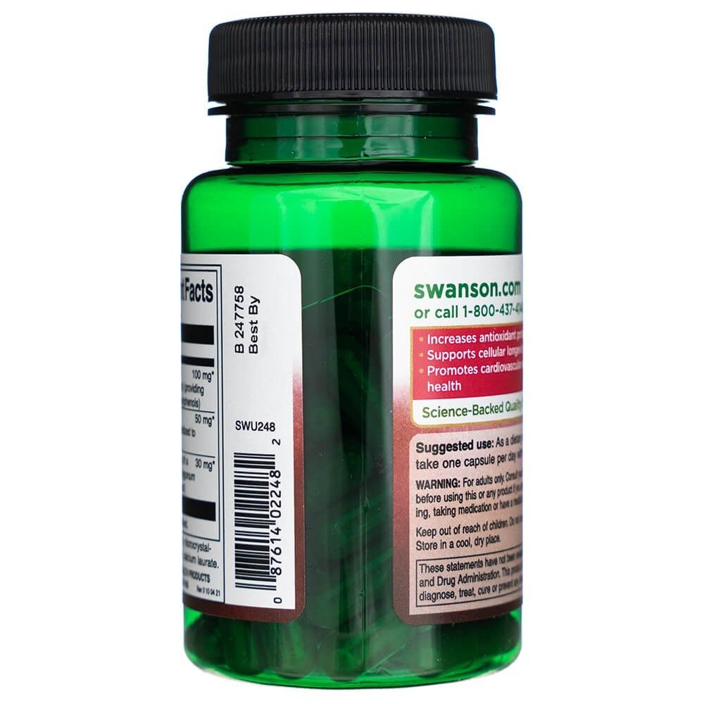 Lato di una bottiglia Swanson Resveratrol Complex con istruzioni per l'uso e avvertenze.