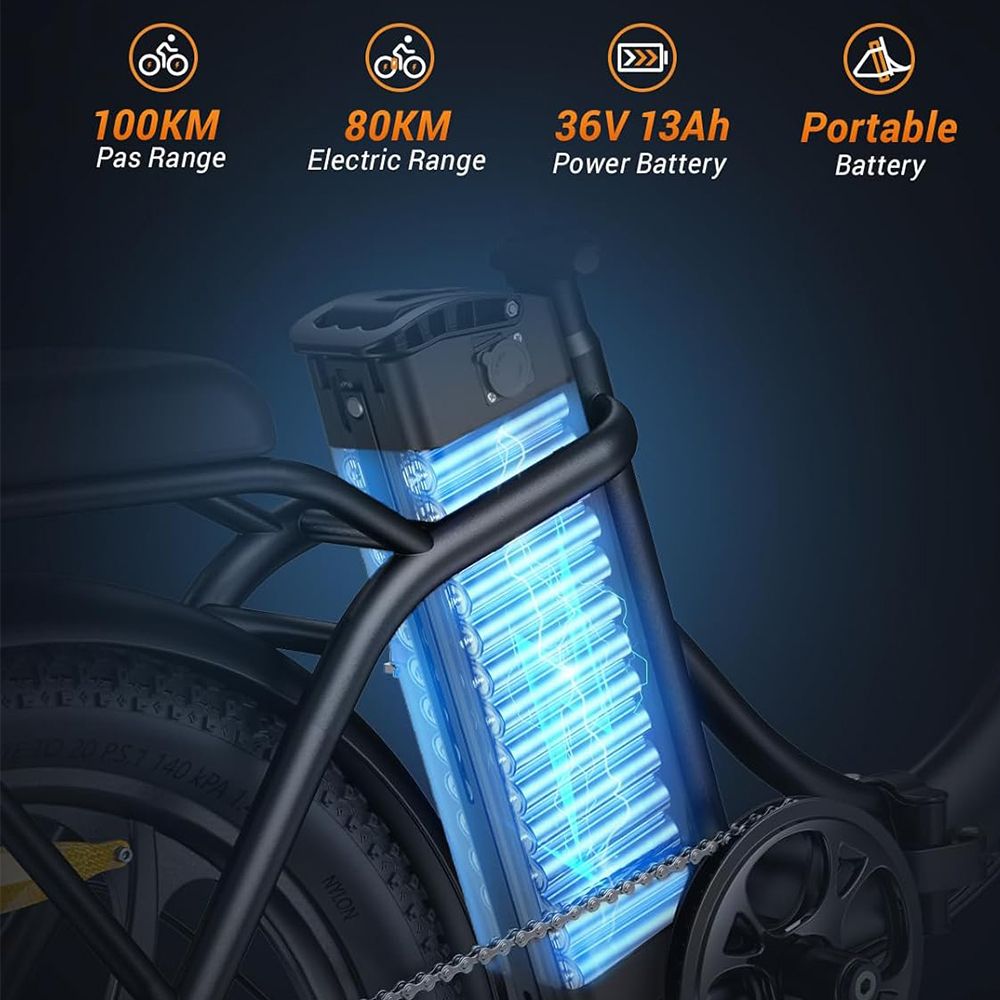 Batteria per e-bike con scritte: 100 km di autonomia, 80 km di autonomia elettrica, batteria da 36V 13Ah, batteria portatile. Telaio nero.