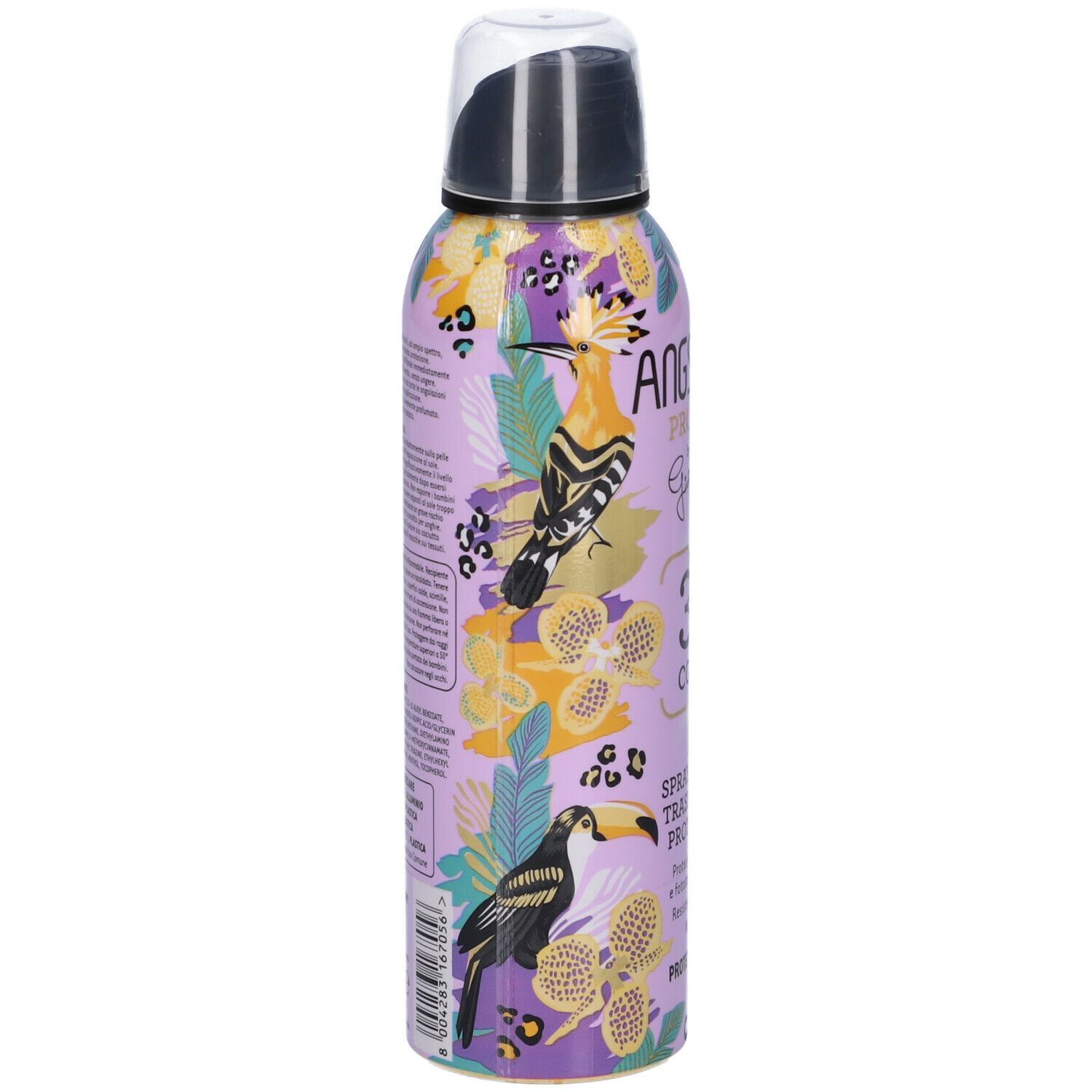 Spray Angstrom Protect, flacone lilla con illustrazioni di uccelli. Testo: 30 Corpo, Spray Solare Trasparente Protettivo. SPF30.