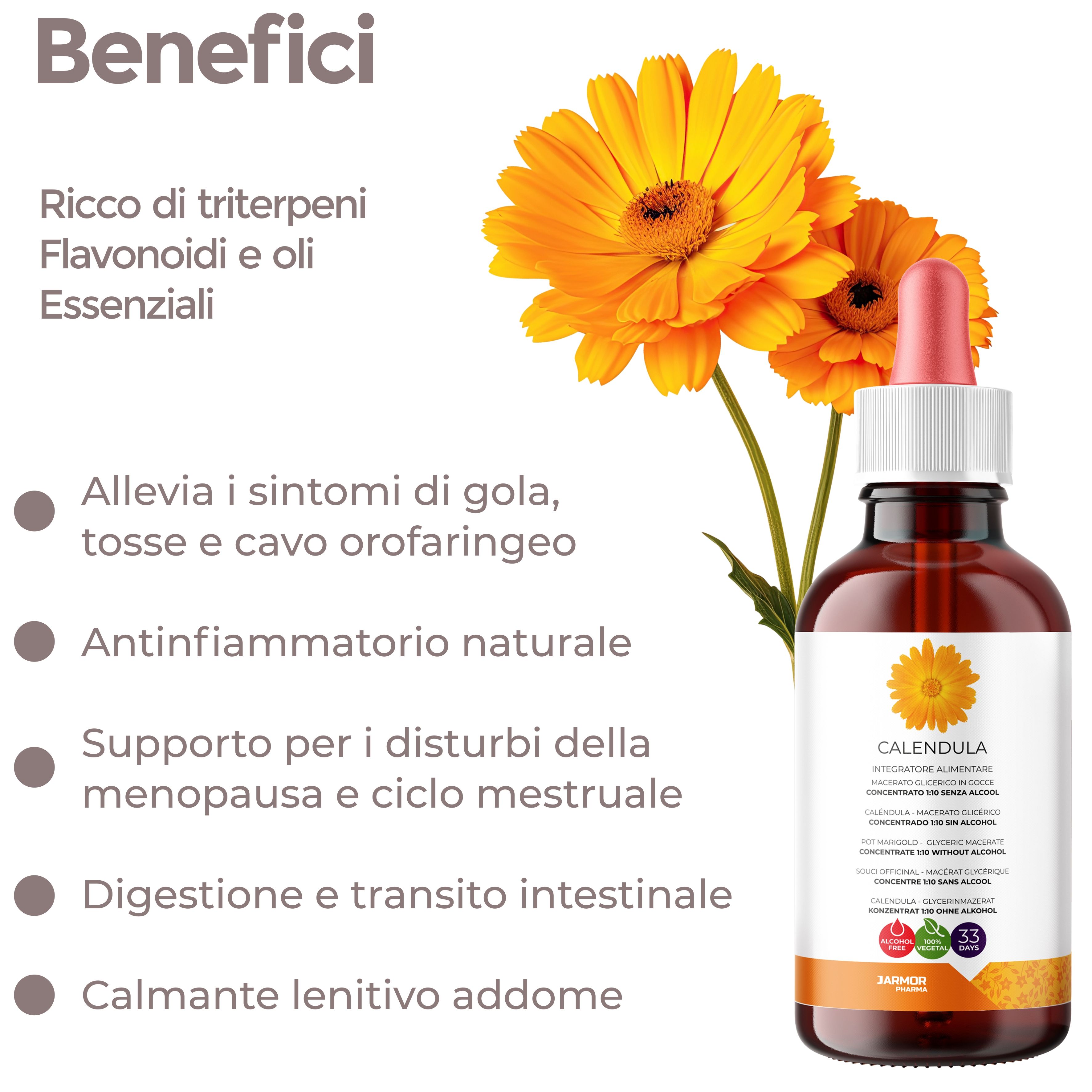 Flacone marrone con contagocce e liquido giallo. Fiori gialli. Testo: Calendula, benefici, digestione, menopausa.