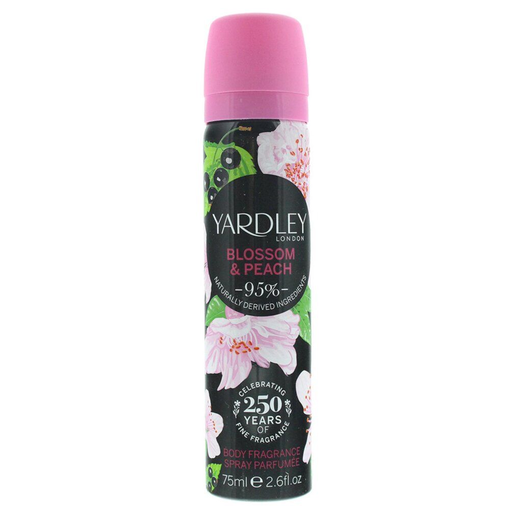 Spray per il corpo con tappo rosa. Sfondo nero con fiori e testo. "Yardley London Blossom & Peach". "250 anni".