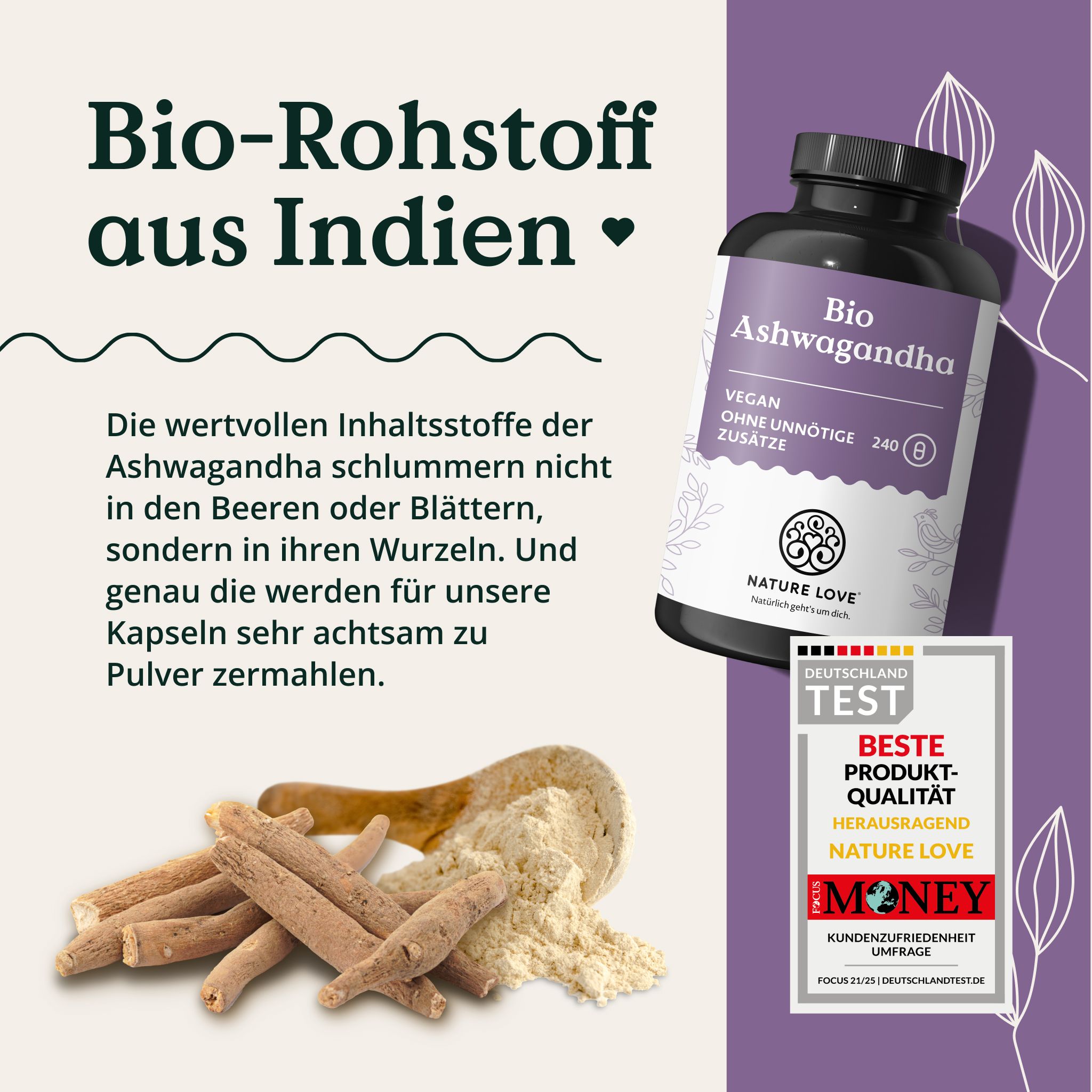 Flacone di capsule Bio Ashwagandha, radici e polvere indiane su cucchiaio di legno, sigillo 'Materia prima biologica dall'India'.