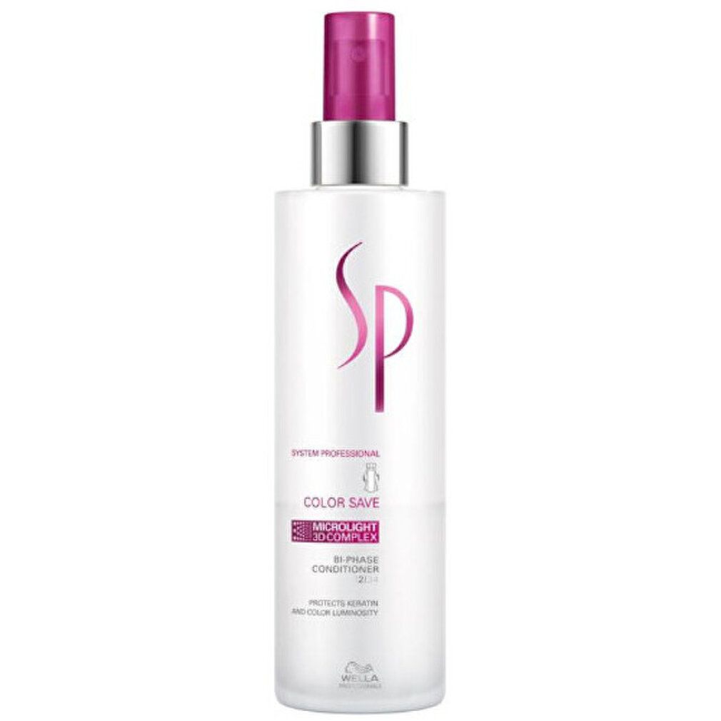 Flacone spray. Scritta: Color Save, 3D-Complex, Bi-Phase Conditioner. Marchio: Wella SP.