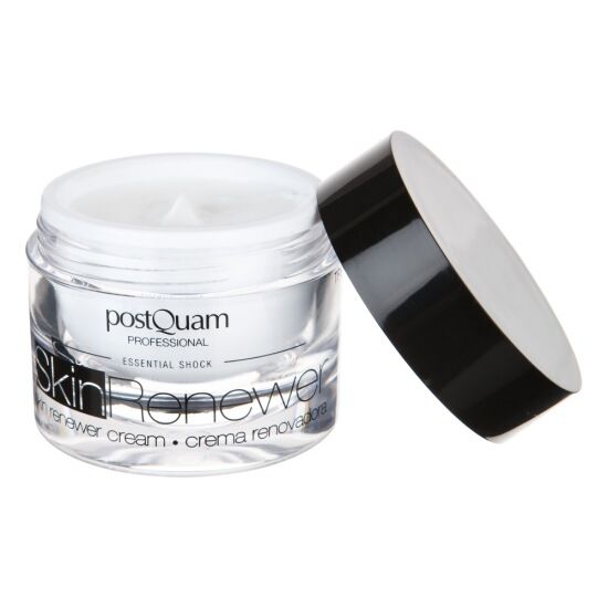 Vasetto di crema in vetro con coperchio aperto. Scritta Skin Renewer e PostQuam Professional. Crema con acido glicolico.