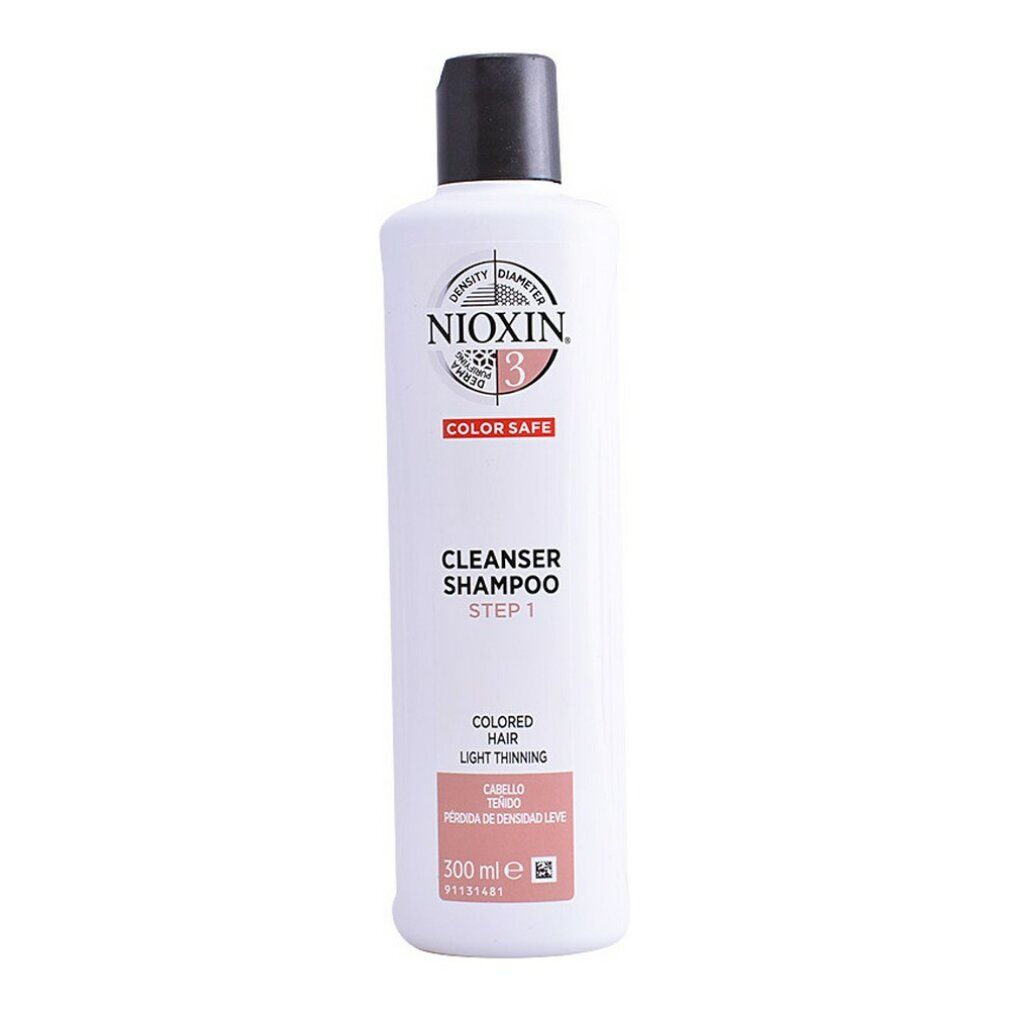 Flacone bianco con tappo nero. Scritta: Nioxin 3 Color Safe Cleanser Shampoo. Per capelli colorati, diradamento leggero.