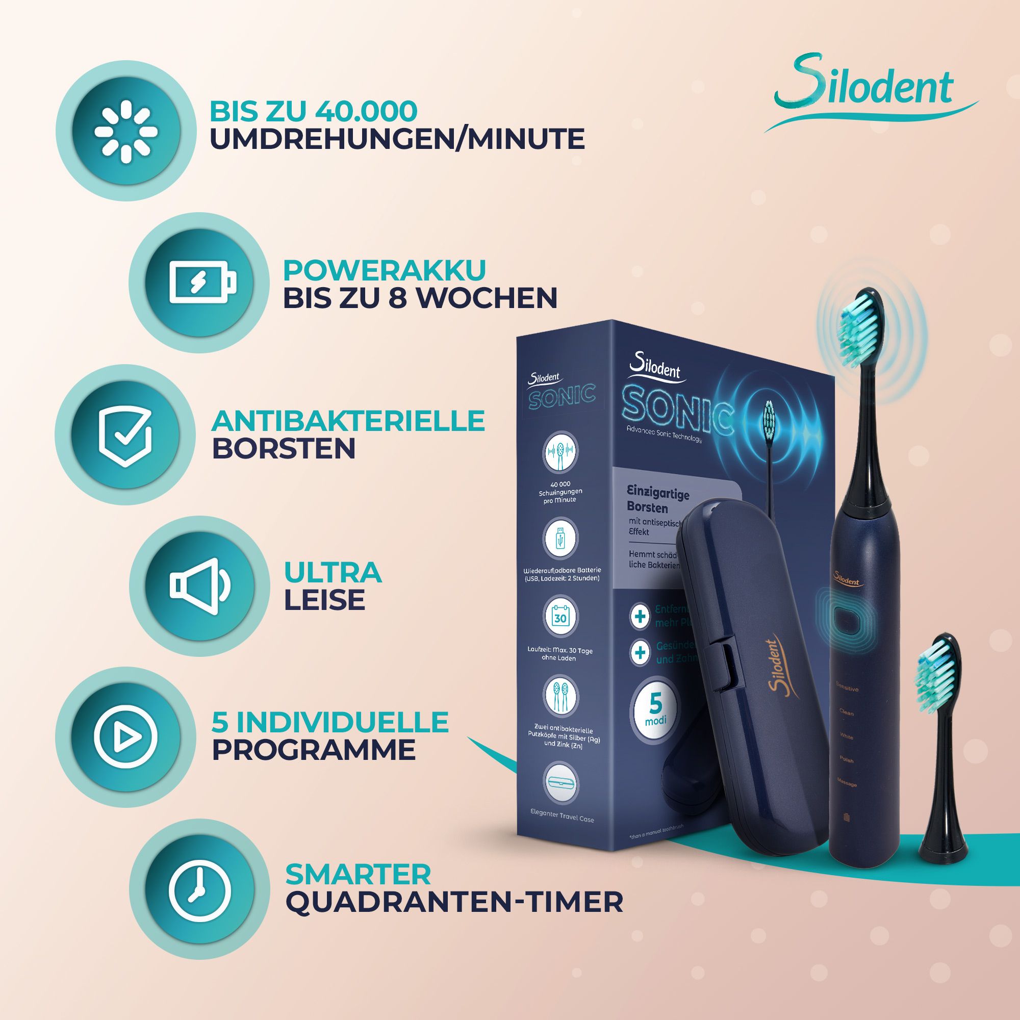 Spazzolino sonico Silodent Blu Notte: 40.000 giri/min, batteria 8 sett., setole antibatteriche, 5 programmi.