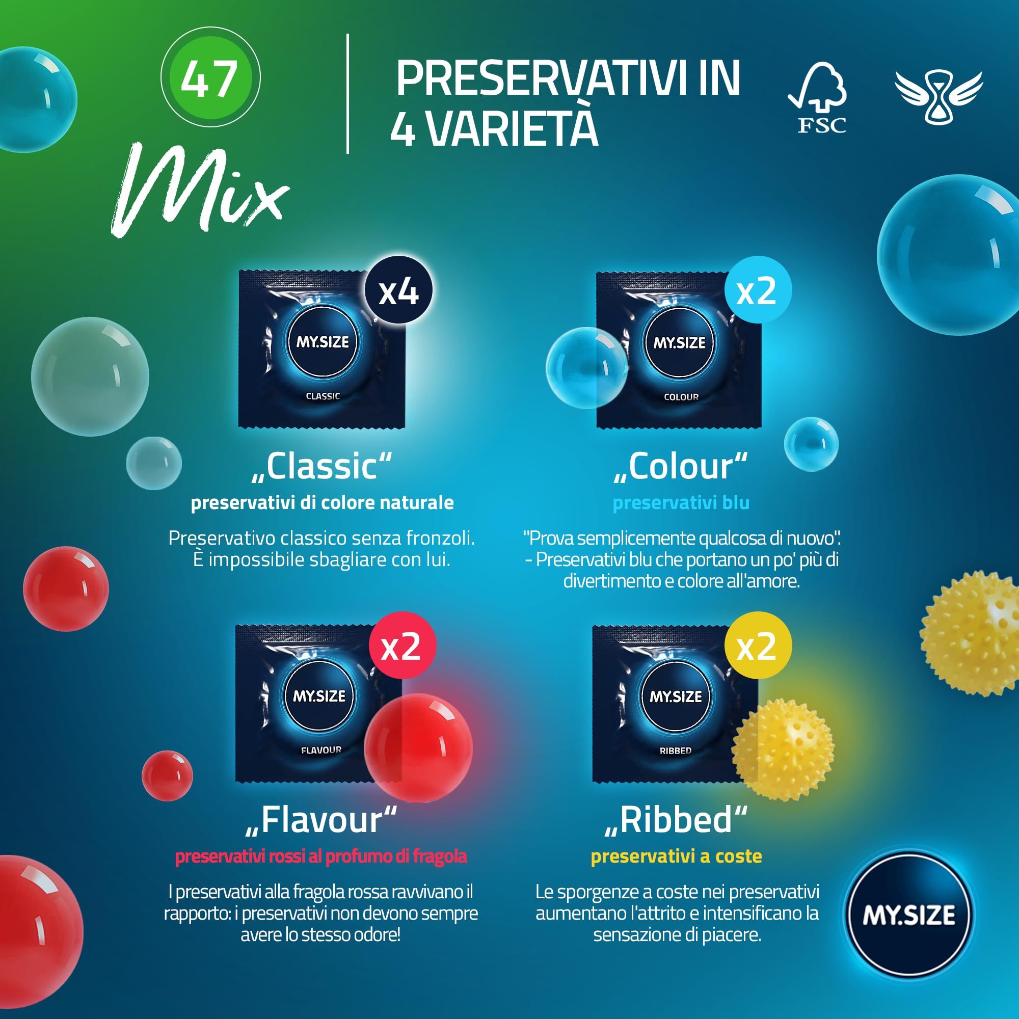 My.Size Classic 47mm Mix: 4 varianti - Classic, Colour, Flavour, Ribbed.