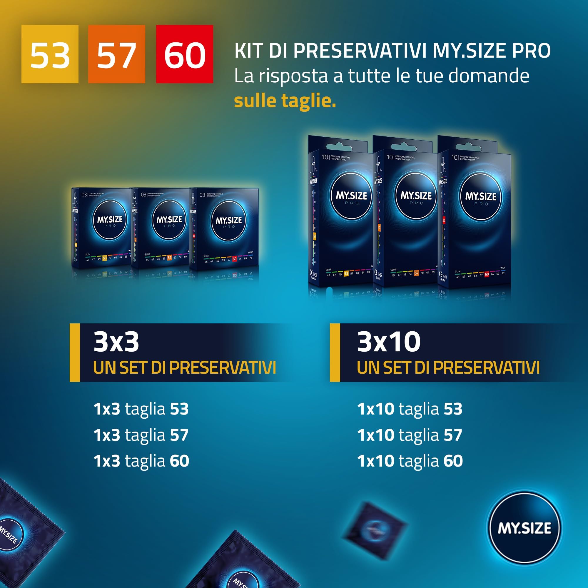 Due confezioni di preservativi My.Size PRO: set 3x3 e 3x10 in diverse misure.