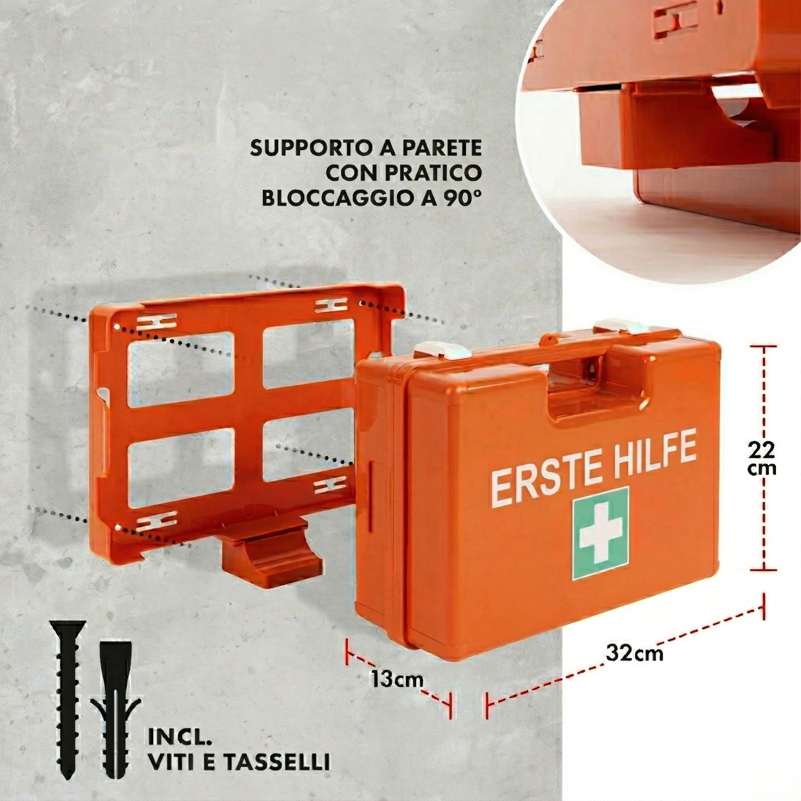 Valigetta di pronto soccorso arancione con supporto a parete e blocco a 90°. Viti e tasselli inclusi. Dimensioni: 32x22x13 cm.