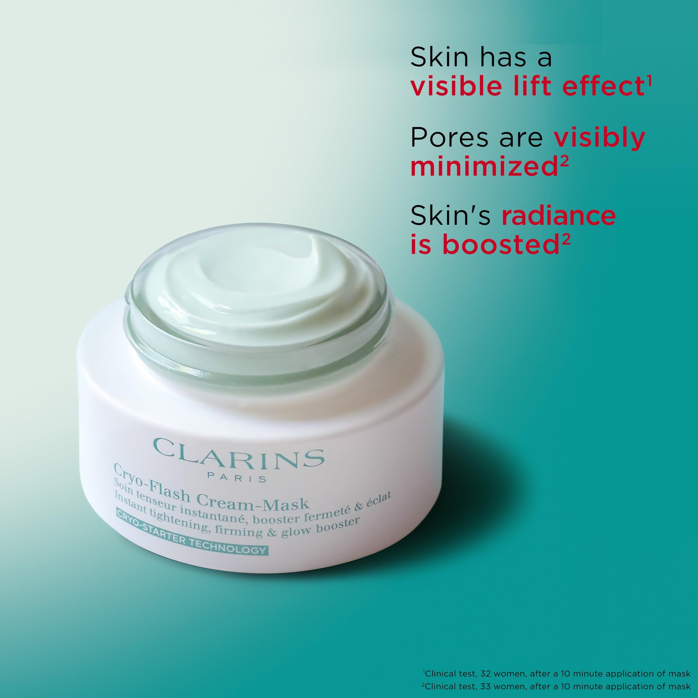 Vasetto bianco con coperchio. Scritta: CLARINS PARIS, Cryo-Flash Cream-Mask. Testo: Instant tightening, firming & glow booster. Crema visibile.