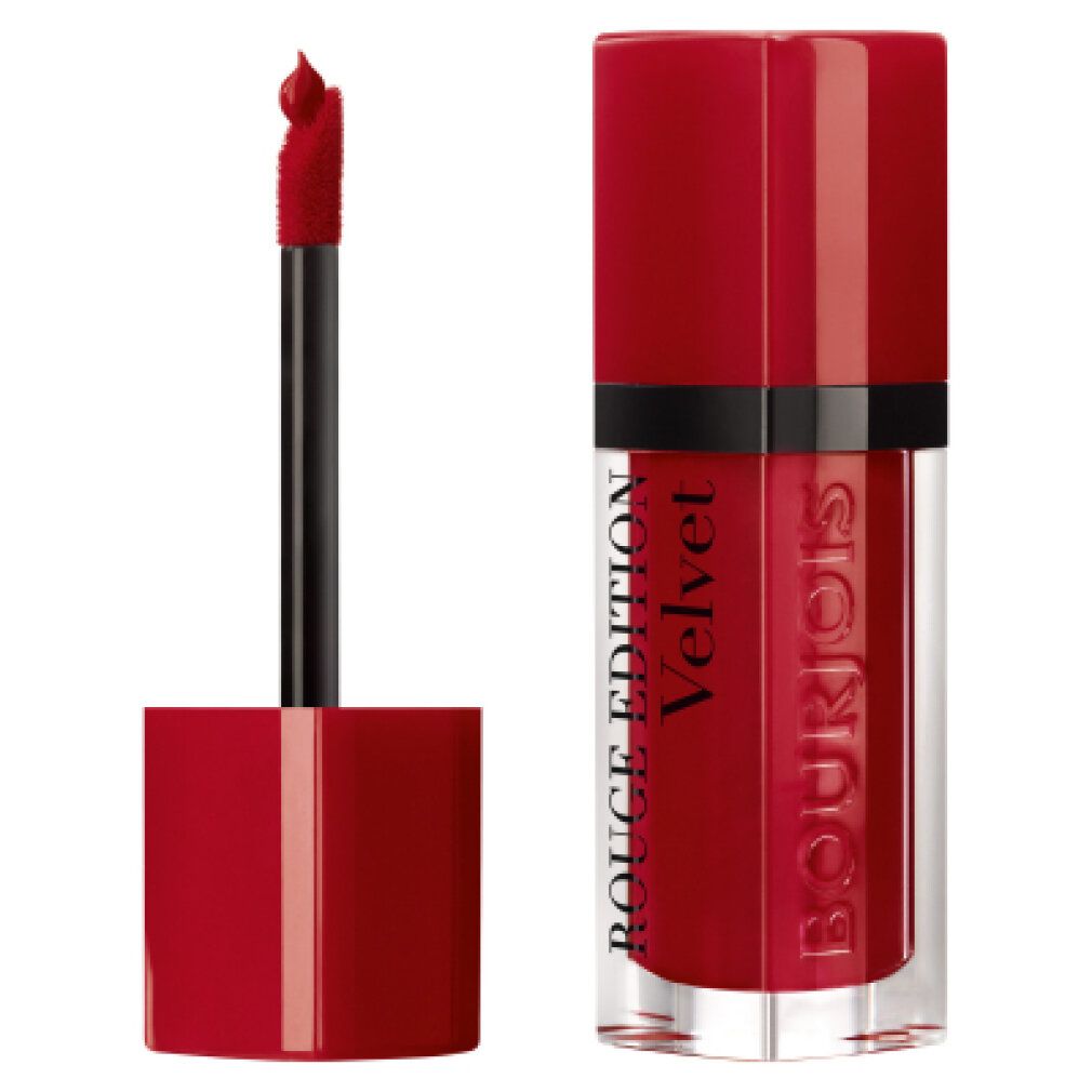 Rossetto rosso con applicatore. Rouge Edition Velvet e Bourjois sul flacone.