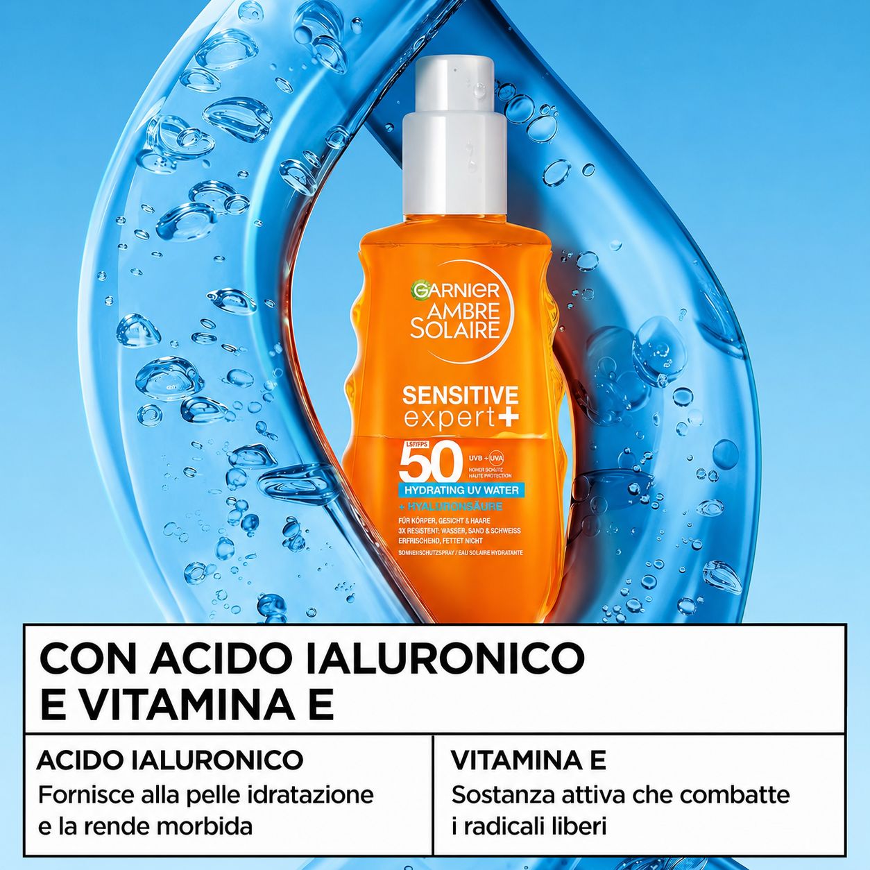 Spray solare Garnier Ambre Solaire Sensitive Expert+ LSF 50. Prodotto in un design blu. Con acido ialuronico e vitamina E.