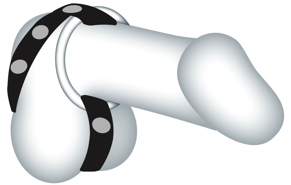 Illustrazione di un pene con un cinturino in pelle nera e un anello metallico.