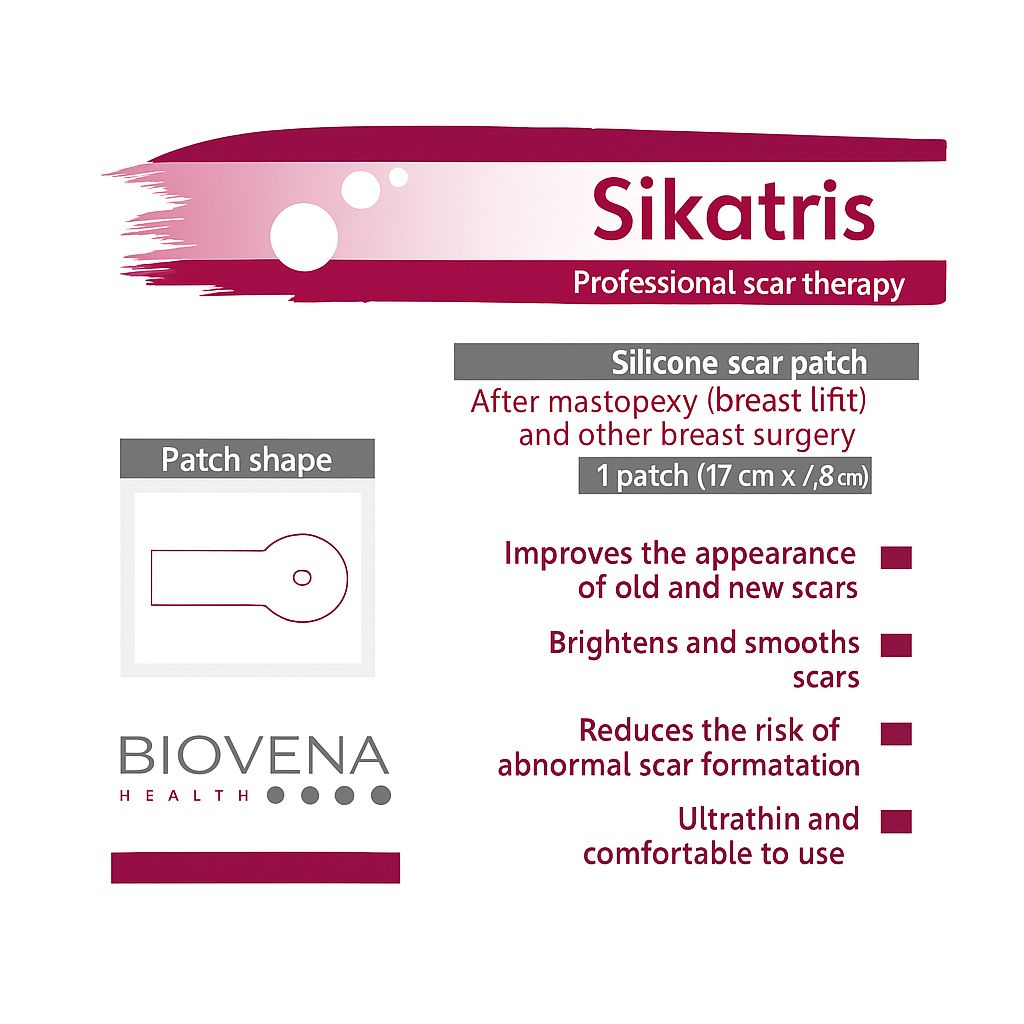 Confezione con testo: Sikatris. Terapia professionale delle cicatrici. Logo Biovena Health. Descrizione del prodotto.