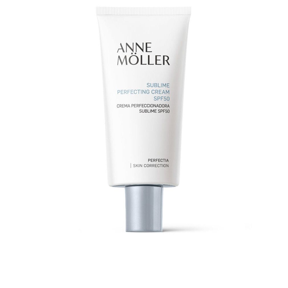 Tubo bianco con tappo argentato. Scritta: Anne Möller, Sublime Perfecting Cream SPF50. Perfectia Skin Correction.