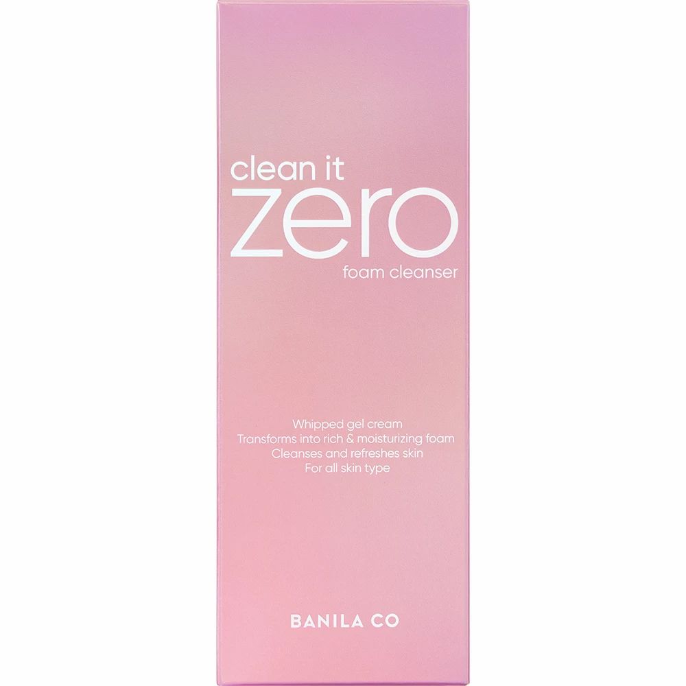 Confezione rosa con scritta bianca "clean it zero foam cleanser". Testo: Whipped gel cream. Logo BANILA CO.