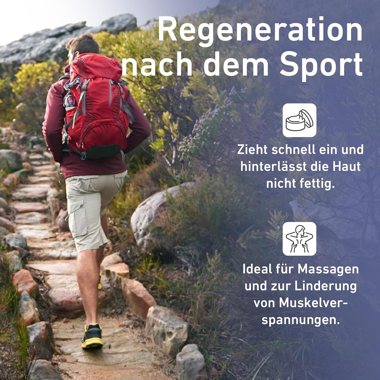 Uomo con zaino su sentiero. Testo: Rigenerazione dopo lo sport. Immagine del prodotto.
