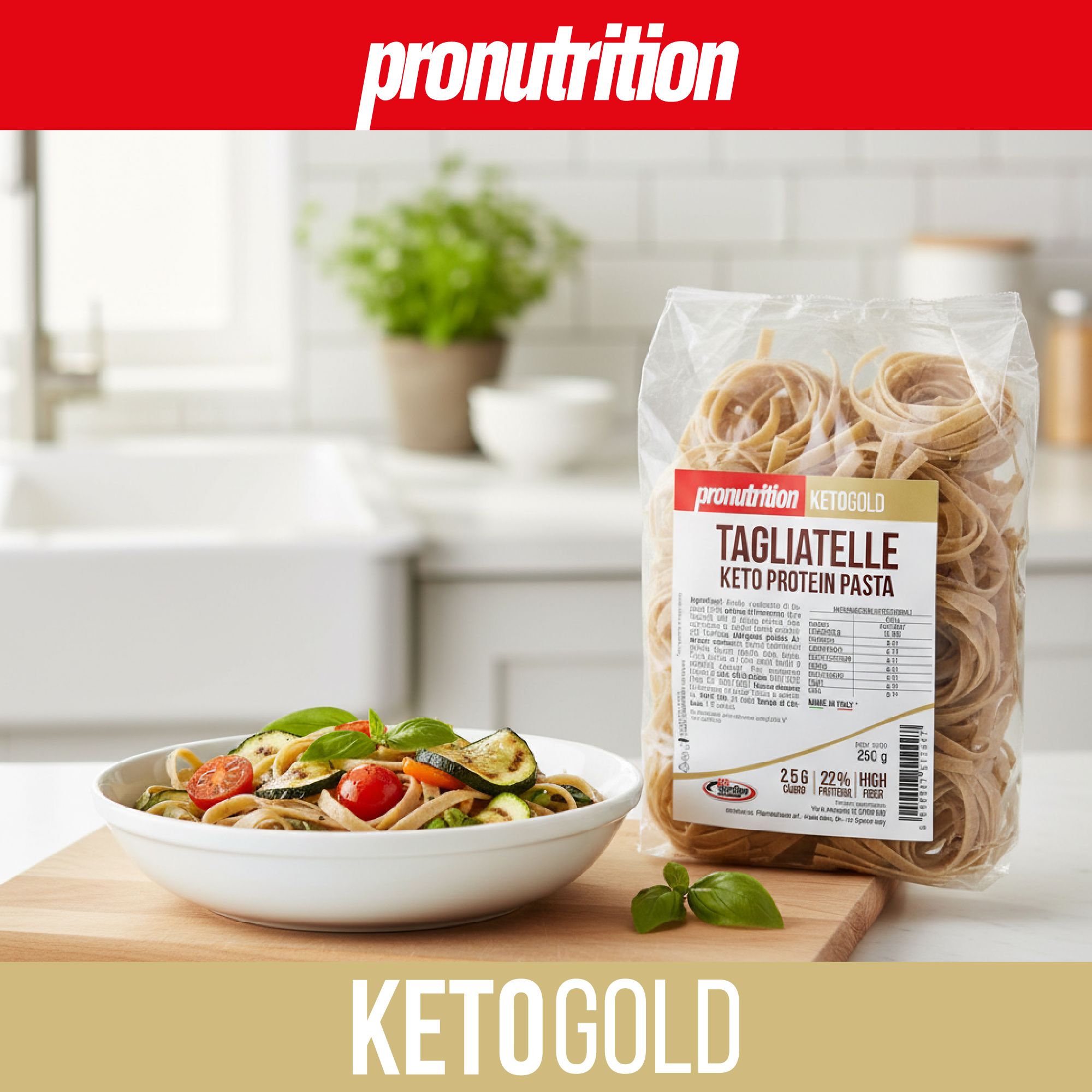 Ciotola con pasta e verdure. Accanto, una confezione di tagliatelle. Marchio: Pronutrition.