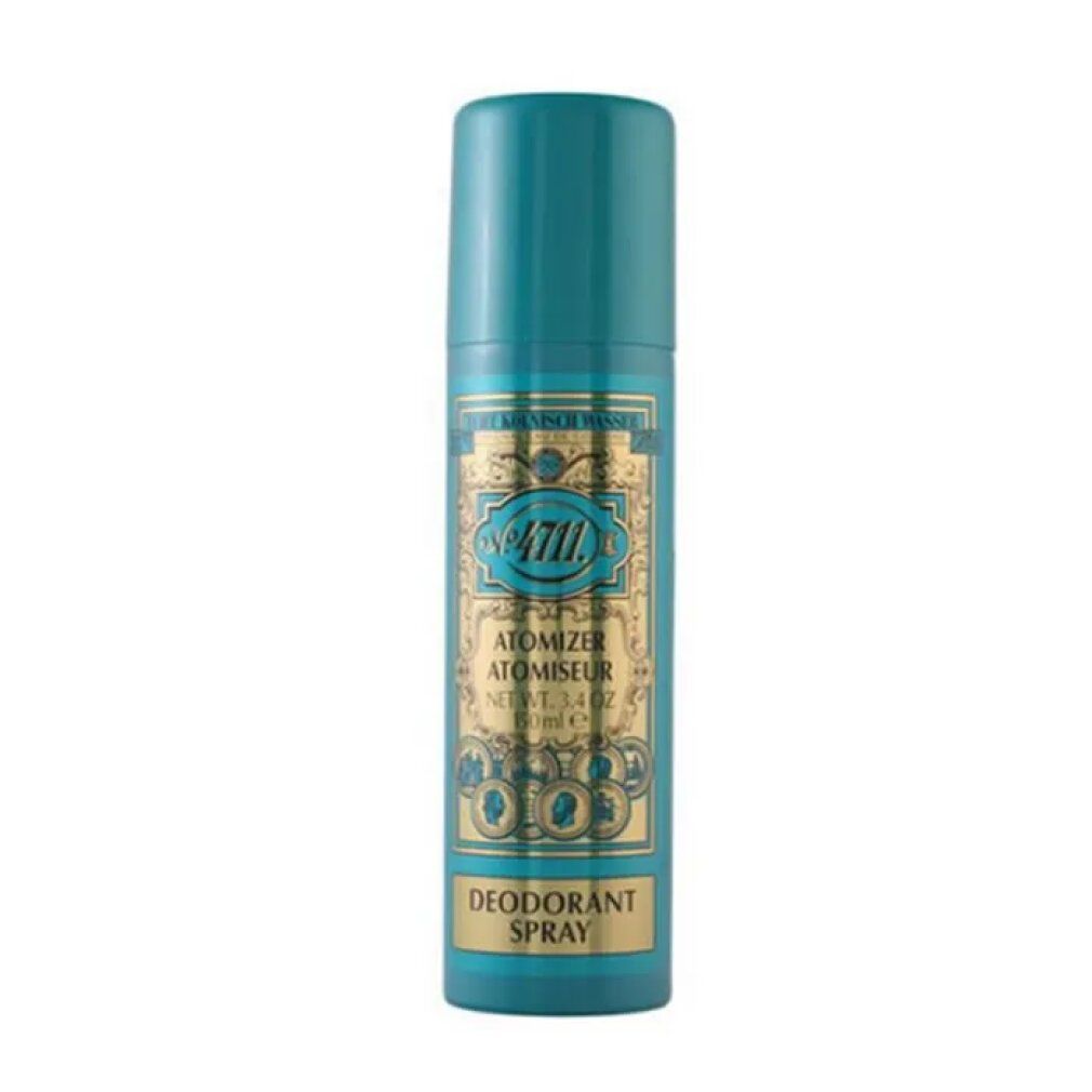 Flacone spray deodorante turchese. Scritta: 4711 Atomizer, Deodorant Spray. Dettagli etichetta dorati.