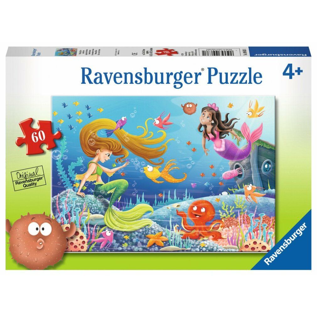 Scatola puzzle da 60 pezzi. Motivo: mondo sottomarino con sirene. Logo Ravensburger e indicazione età.