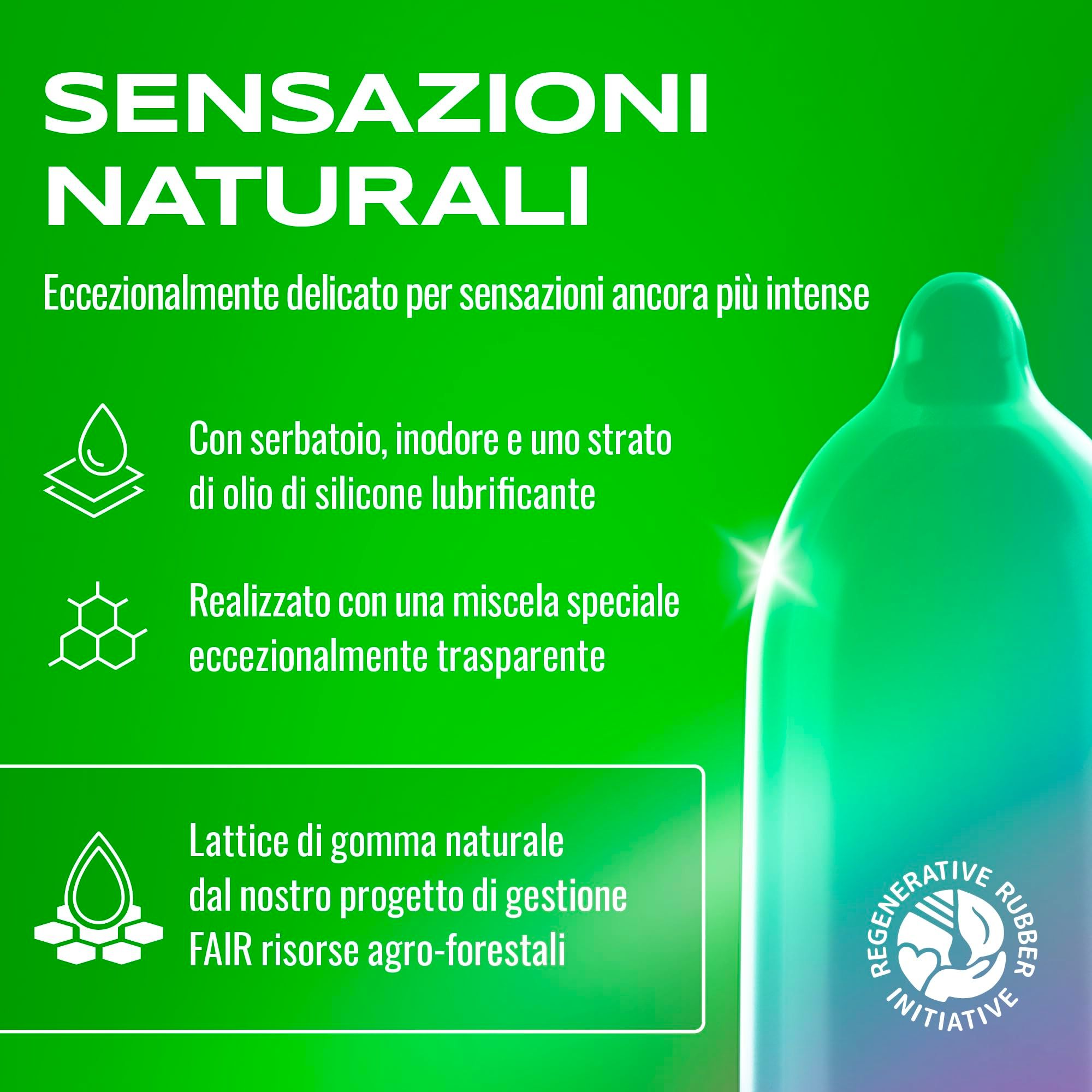 Preservativo verde con testo su lubrificante al silicone e lattice di gomma naturale.