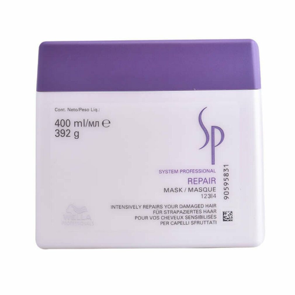 Vaso bianco con coperchio viola. Scritta: SP Repair Mask. Contiene 400 ml. Testo in più lingue.