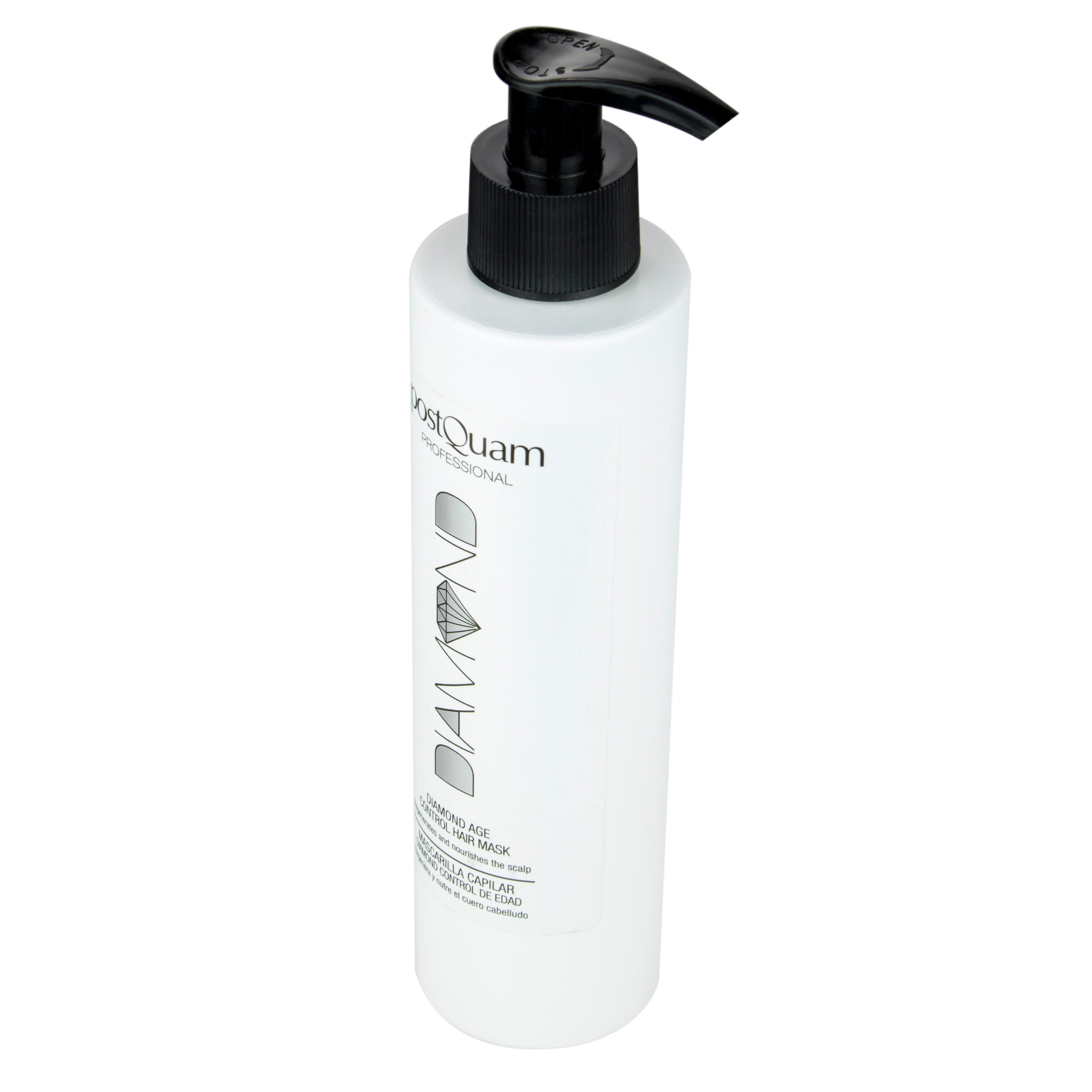 Flacone bianco con erogatore nero. Scritta DIAMOND e Postquam Professional. Testo: DIAMOND AGE CONTROL HAIR MASK.