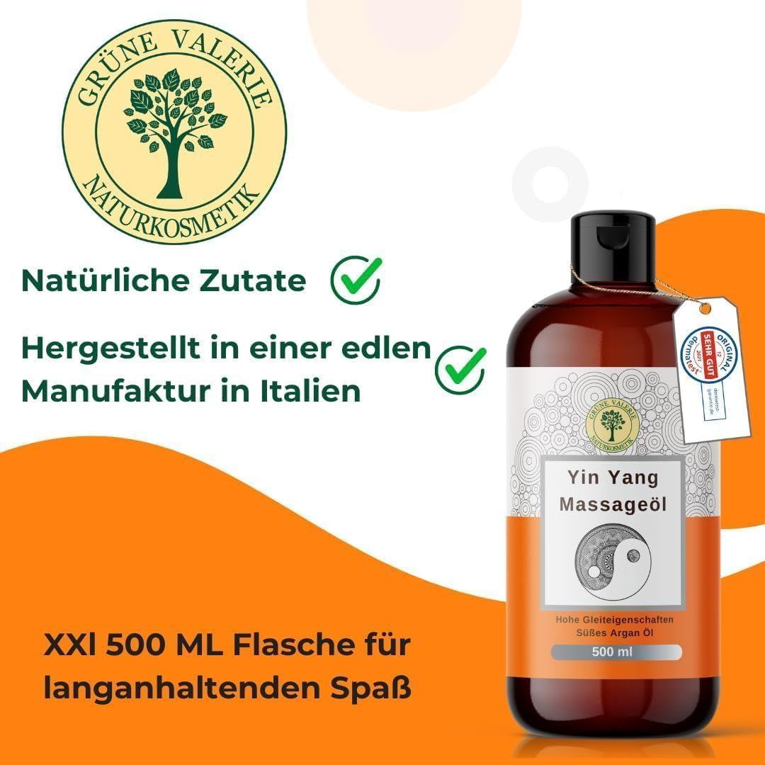 Flacone marrone con etichetta. Olio da massaggio Yin Yang, 500 ml. Logo cosmetici naturali. Fatto in Italia.