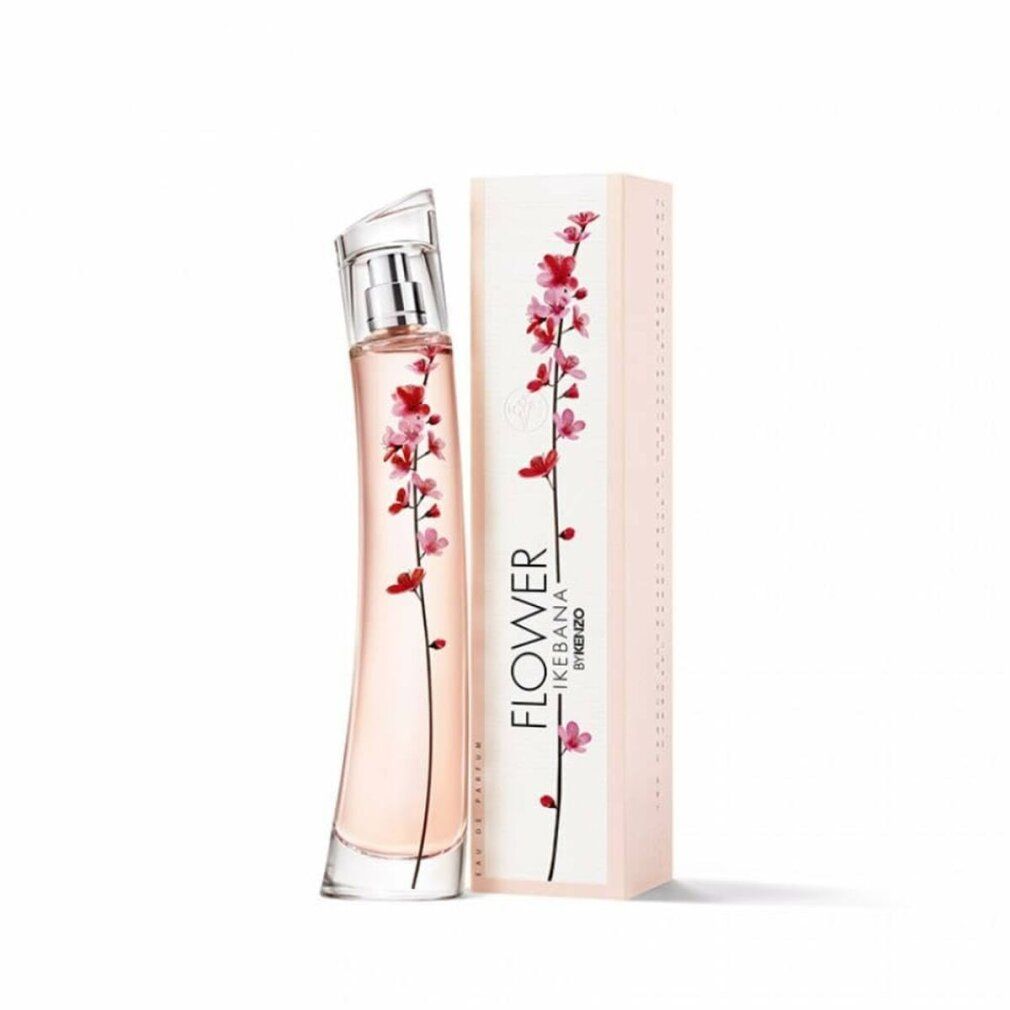 Flacone di profumo e confezione. Flacone con design floreale. Confezione con scritta Flower Ikebana by Kenzo.